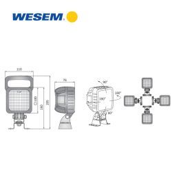 Wesem square worklight 2000lm 25W 66°X22° Support Omega Cable  - 4