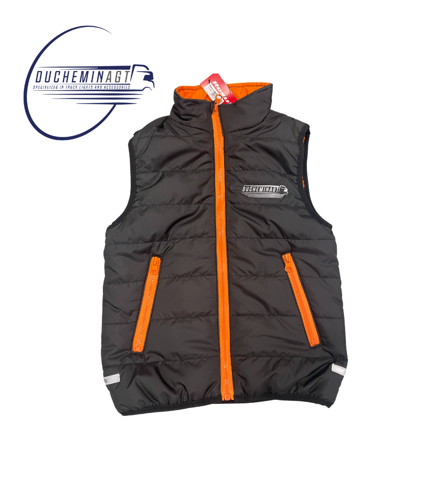 [M026S] Duchemin veste enfant noir/orange sans manches avec tirette (5/6ans)