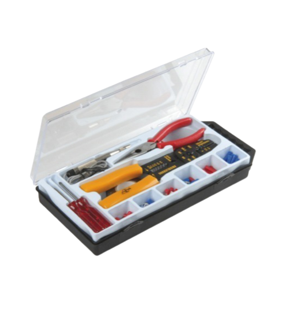 [54254138] Assortiment de cosses à sertir avec pince à bec, pince à sertir et tournevis
